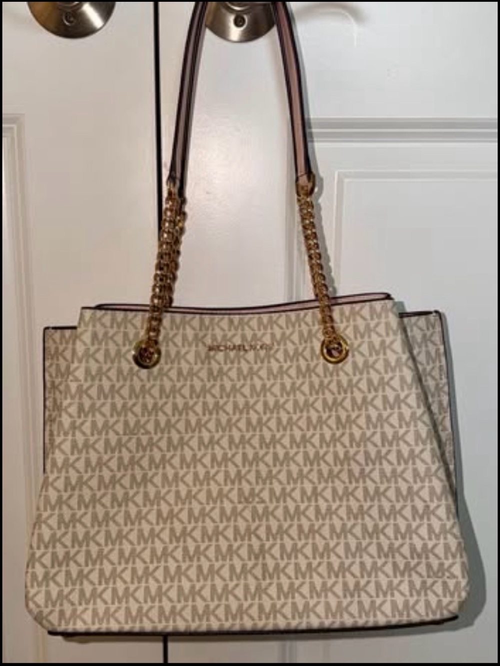 Michael Kors Cream and Brown MK Logo Chain-Handle Tote